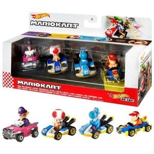 Hot Wheels Mario Kart 2023 4-Pack - Waluigi, Toad, Light Blue Yoshi, Diddy Kong